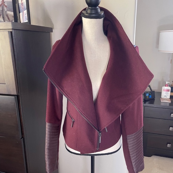 New Burgundy Wool and Fur Bomber Jacket - Picture 9 of 10